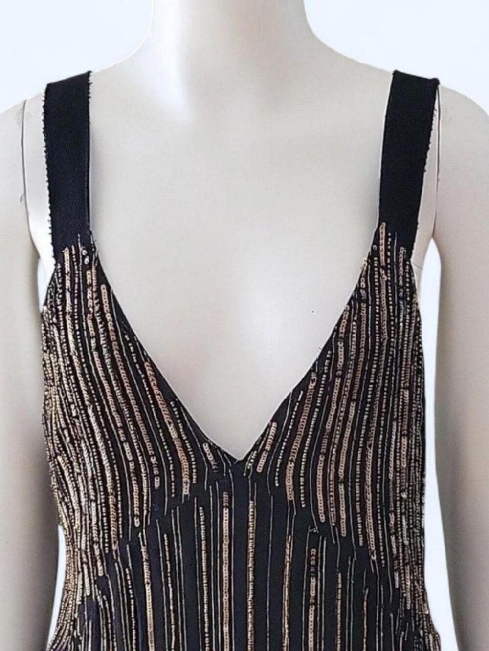NWT ZARA $129 Sequined Strappy Midi V-Neck Dress Black/Gold-colored 7521/267 XS